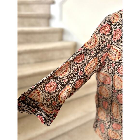 Ralph Lauren Black Orange Paisley Block Print Cotton Ruffle Button Down - Picture 4 of 7